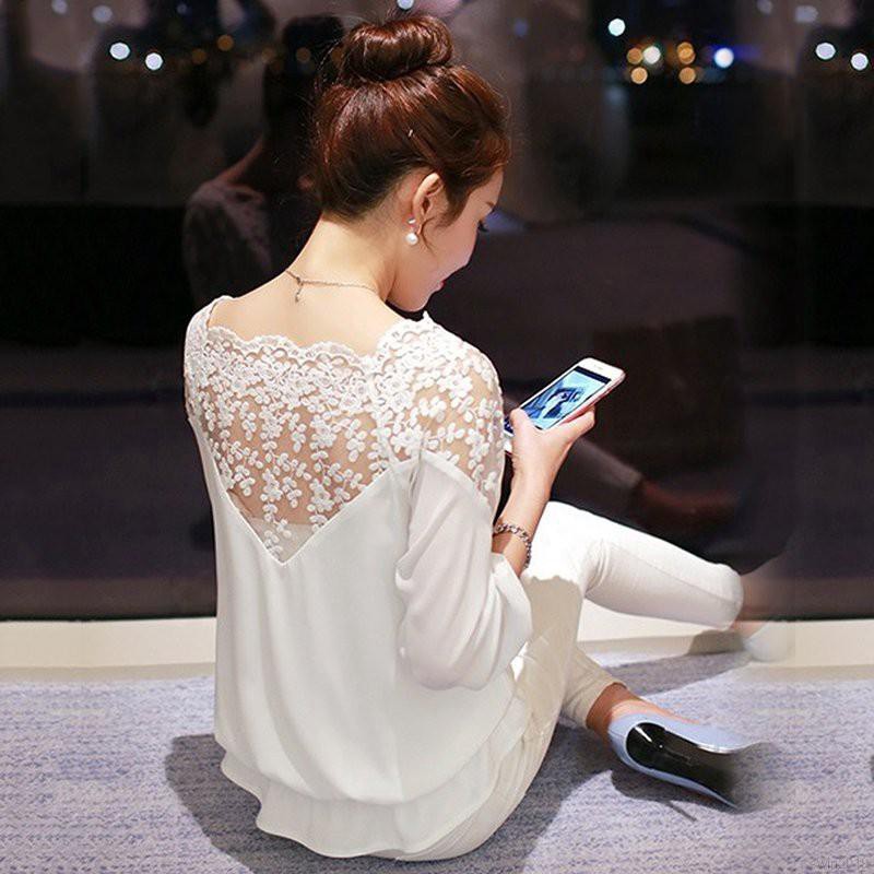 Áo kiểu chất Chiffon tay dài phối ren hoa thiết kế ngọt ngào cho phái nữ