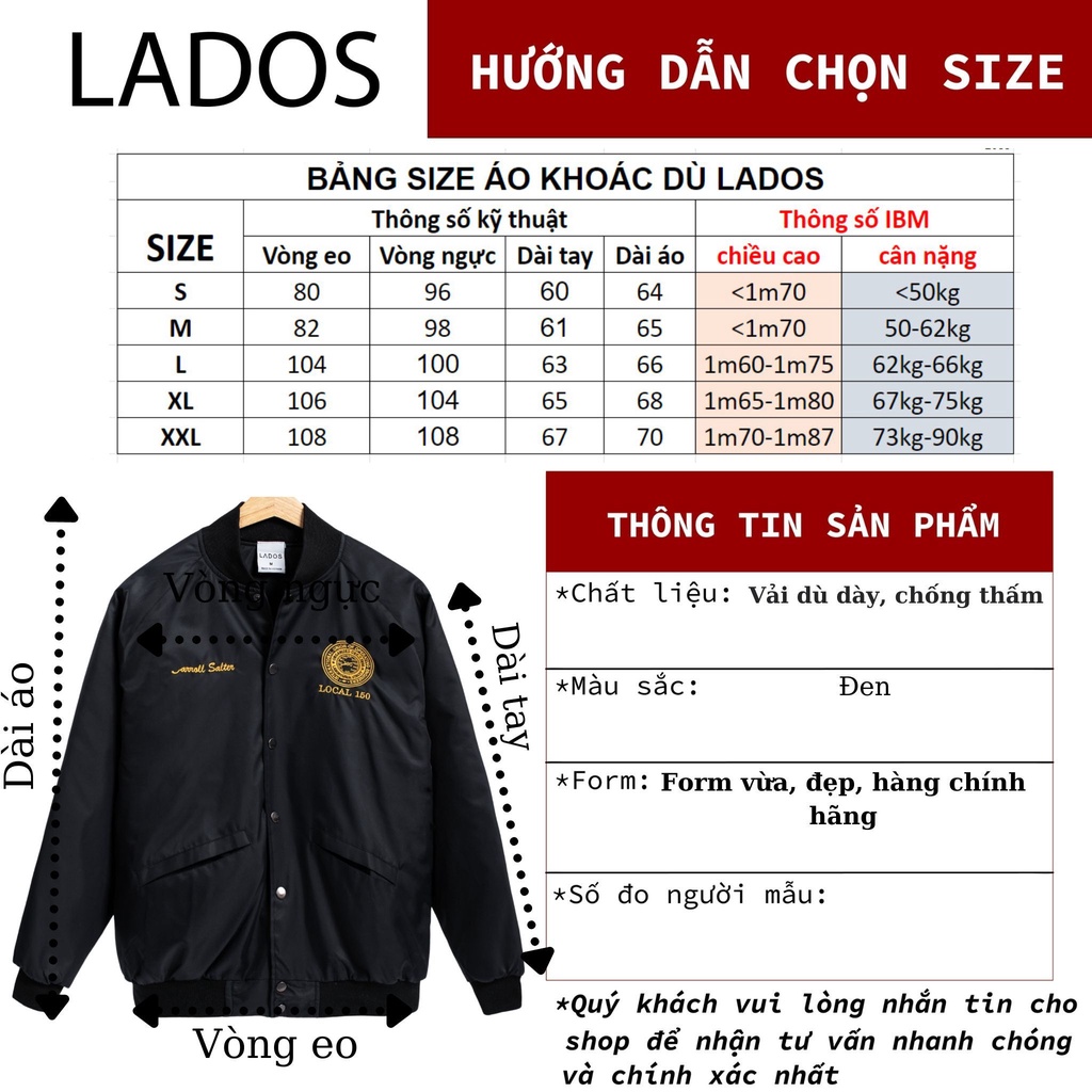 Áo khoác bomber dù nam thêu cao cấp có túi trong Lados 2055 dày dặn, ấm áp, chống thấm tốt