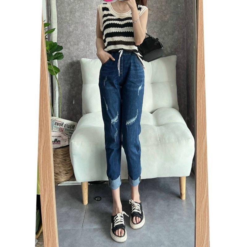 Quần baggy lưng thun chất jeans co giãn 40-65kg (biihome)