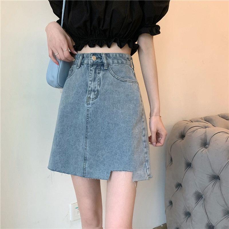 Chân váy jean ngắn cạp cao váy bò dáng chữ A rách gấu A4 không có quần trong