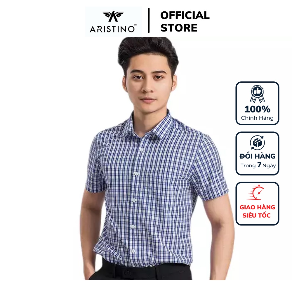 Áo sơ mi nam công sở Aristino tay ngắn màu xanh caro dáng Regular fit chất sợi tre mềm mịn cao cấp ASS027S9