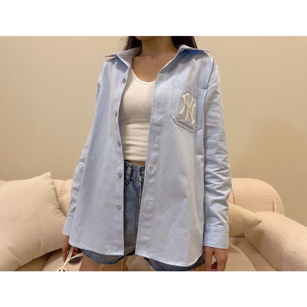 ❤❀  ❤ Áo Sơ Mi Tay Dài Thêu Họa Tiết MLB NY Phong Cách Retro Mới Cho Cặp Đôi