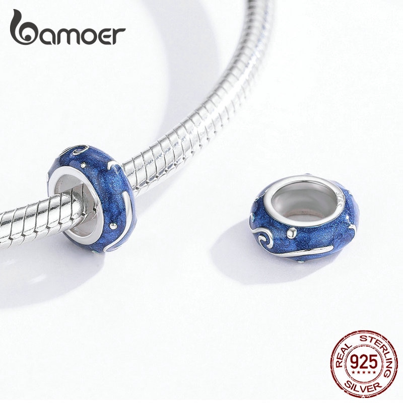 Mặt Phụ Kiện Bamoer SCC1388 Bằng Bạc 925 Màu Xanh Lam Họa Tiết Trời Đêm Trang Trí Vòng Tay Độc Đáo