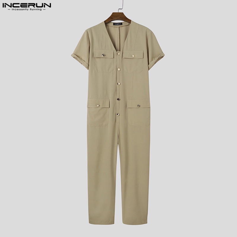 Áo liền quần INCERUN ngắn tay cổ chữ V màu trơn phối hàng nút thời trang cho nam