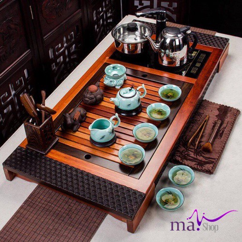 Bộ bàn trà bằng điện đa năng thông minh gỗ quý cao cấp hoa văn phối 0019