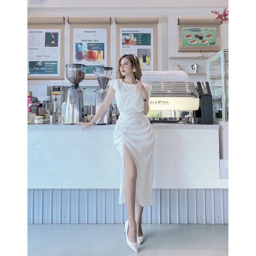 Đầm dự tiệc cột eo xẻ tà quyến rũ lụa hàn châu màu đen - màu trắng - DA002
