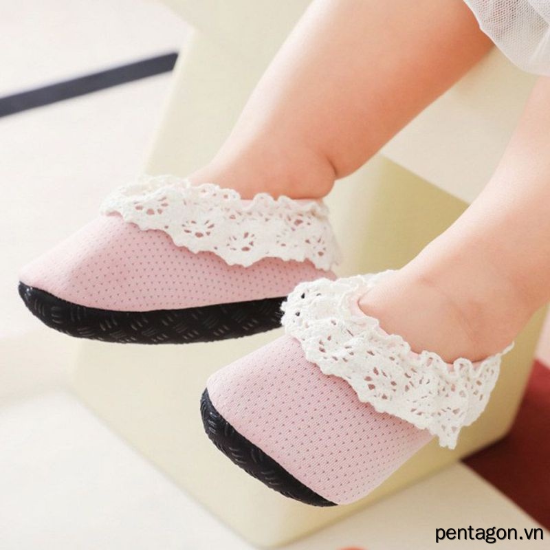 Vớ Ren Mềm Chống Trượt Màu Trơn Dành Cho Em Bé Tập Đi