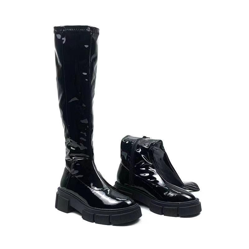 Giày Bốt Da Bóng Za2021 Co Giãn Tốt Đế Bằng Phối Khóa Kéo Bên Hông Thời Trang Mùa Thu Cá Tính