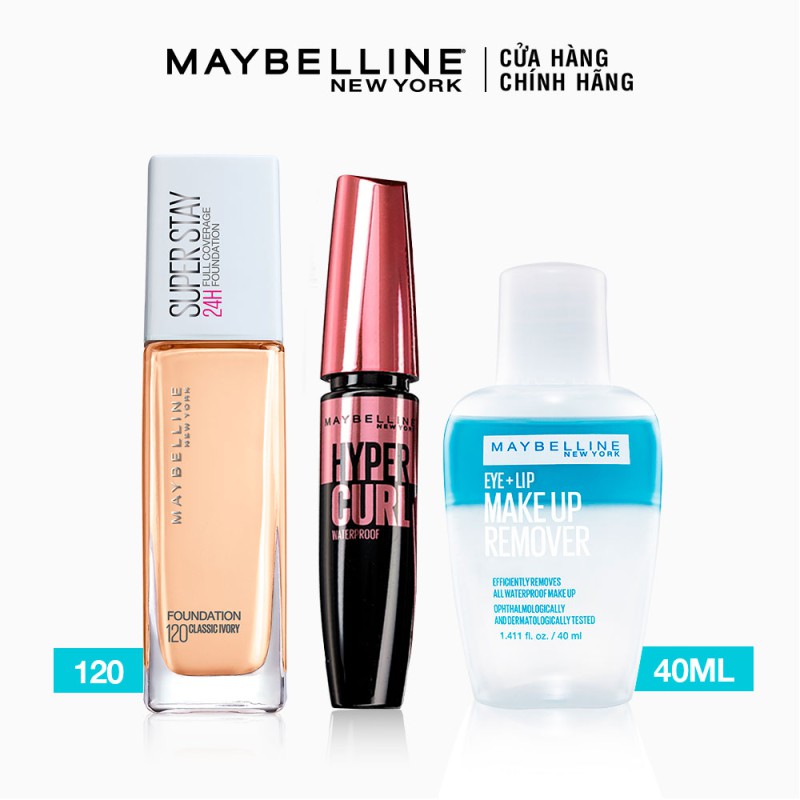 [Bộ sản phẩm] Kem Nền Lâu Trôi Superstay 30ml + Mascara dài cong mi Hyper Curl 9.2ml + Tẩy trang 40ml Maybelline NewYorl | WebRaoVat - webraovat.net.vn