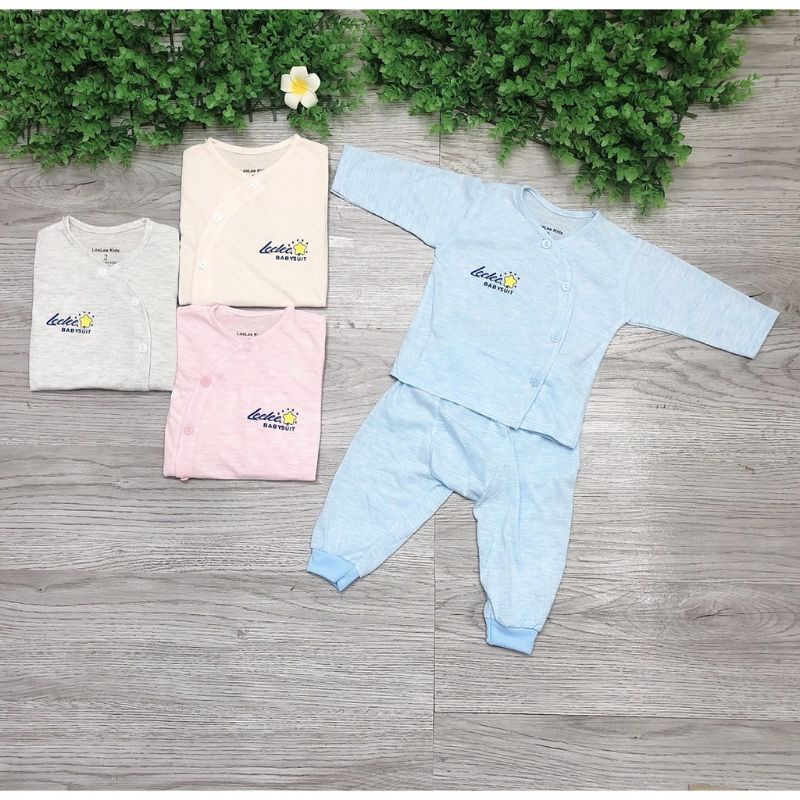 Bộ Quần Áo Dài Tay Sơ Sinh Leelee Kid Cúc Lệch, Vải Cotton Loang