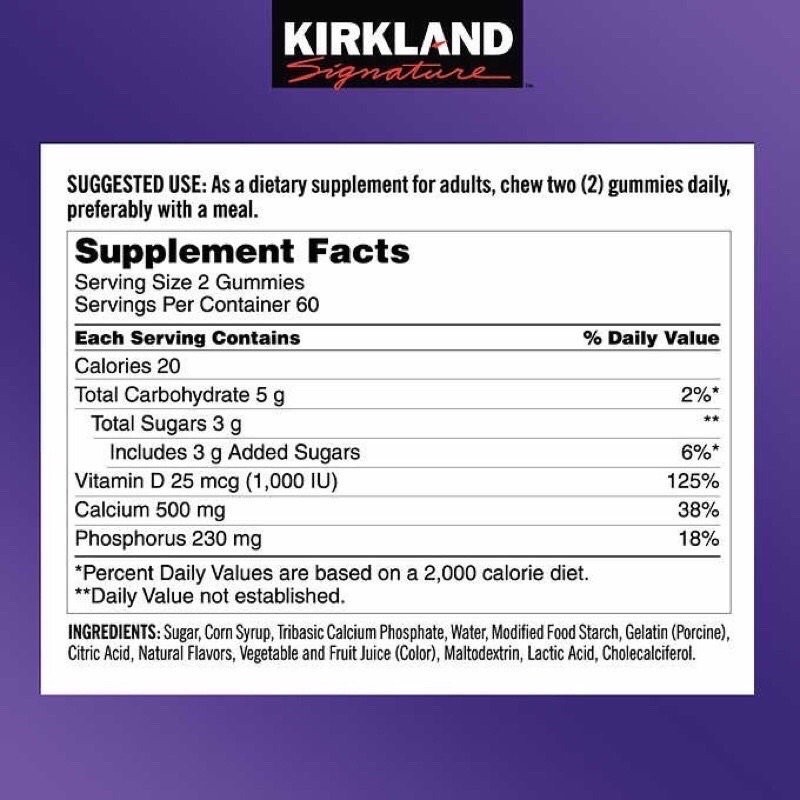 Kẹo dẻo Canxi Kirkland Signature Adult Gummies Calcium 500mg D3 – 120 viên