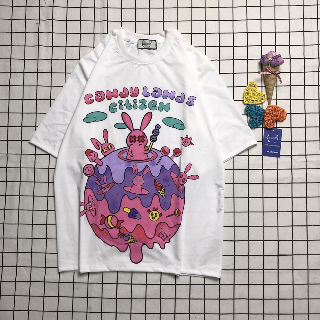Áo Thun Unisex Vương Quốc Candy Cartoon Cute 3D -Lapi VN, Chất Cotton Form Rộng Tay Lỡ Cổ Tròn Freesize, Big Size