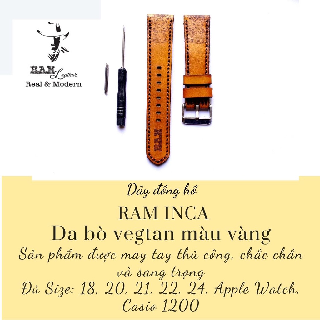 Dây đồng hồ RAM Leather cho CASIO 1200, AE 1200, 1300, 1100, A159 , A168 , Size 18 da bò Italia Vegtan khắc inca