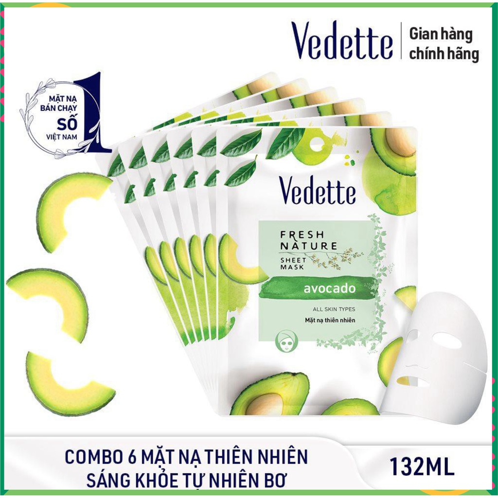 ❇️ COMBO 6 MẶT NẠ GIẤY THIÊN NHIÊN BƠ 22ml VEDETTE - CHỐNG OXI HÓA & CUNG CẤP DƯỠNG CHẤT - TPMY101