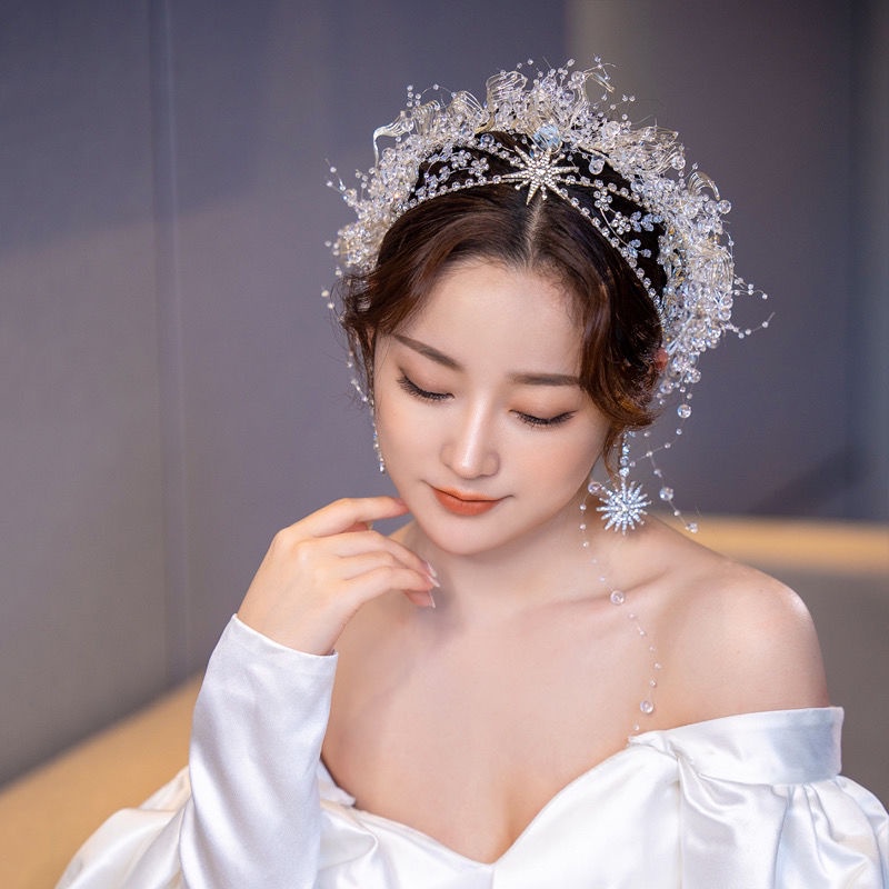 Băng Đô Cài Tóc Đính Đá Pha Lê Lấp Lánh Phối Tua Rua Thời Trang Cho Cô Dâu