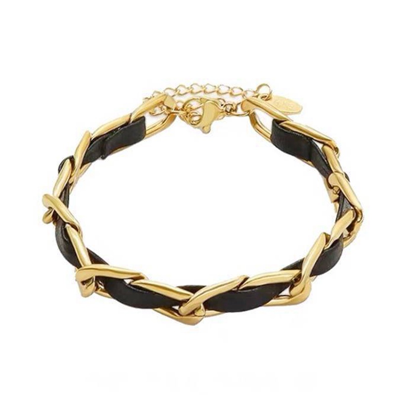 Vòng đeo tay bằng thép titan Phiên bản Hàn Quốc Đơn giản Thời trang Chuỗi cổ điển Vòng tay da PU đen