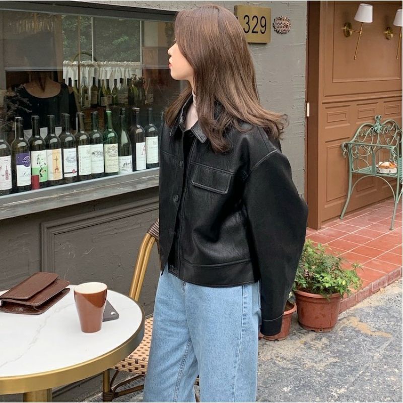 Áo Khoác Da - Áo Khoác Da Nữ Dáng Ngắn Croptop Màu Đen Basic Hot Trend