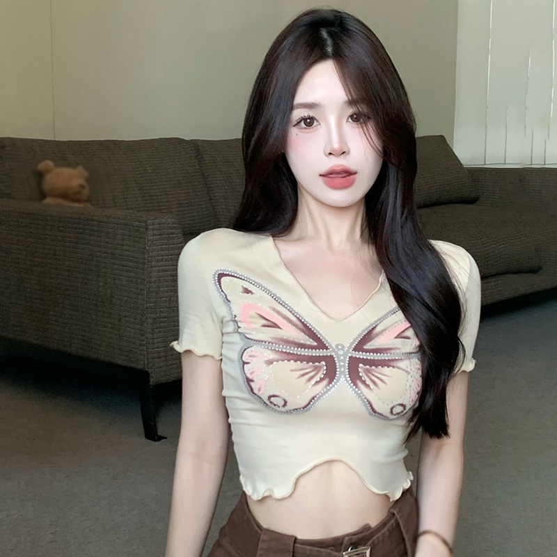 Áo Thun Tay Ngắn Cổ Chữ V Họa Tiết Bướm Thời Trang Hàn Quốc Gợi Cảm Cho Nữ