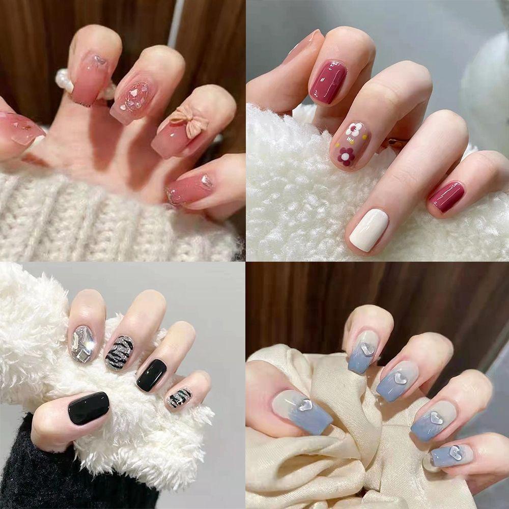 Hộp 24 Móng Tay Giả Ngắn / Tròn / Vuông Đính Kim Sa Che Phủ Toàn Diện