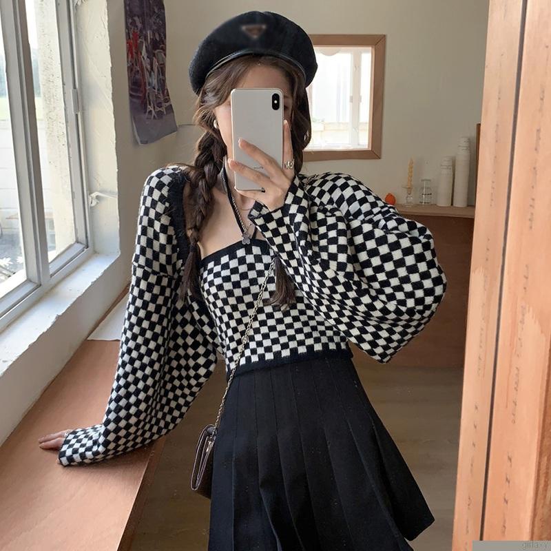 Áo cổ yếm / Áo khoác cardigan dệt kim tay dài dáng rộng sọc caro phong cách Hàn Quốc cho nữ