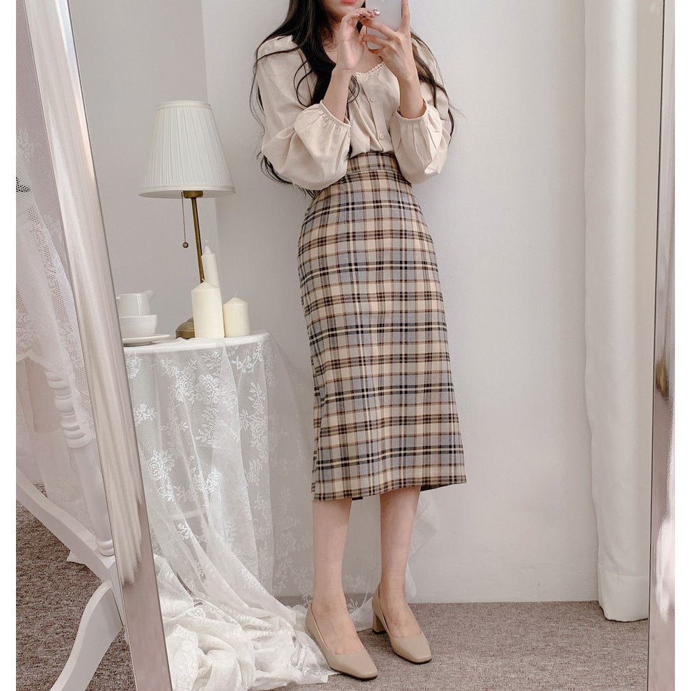 Bộ Áo Phối Ren + Chân Váy Lưng Cao Sọc Ca Rô Xinh Xắn Cho Nữ 38051