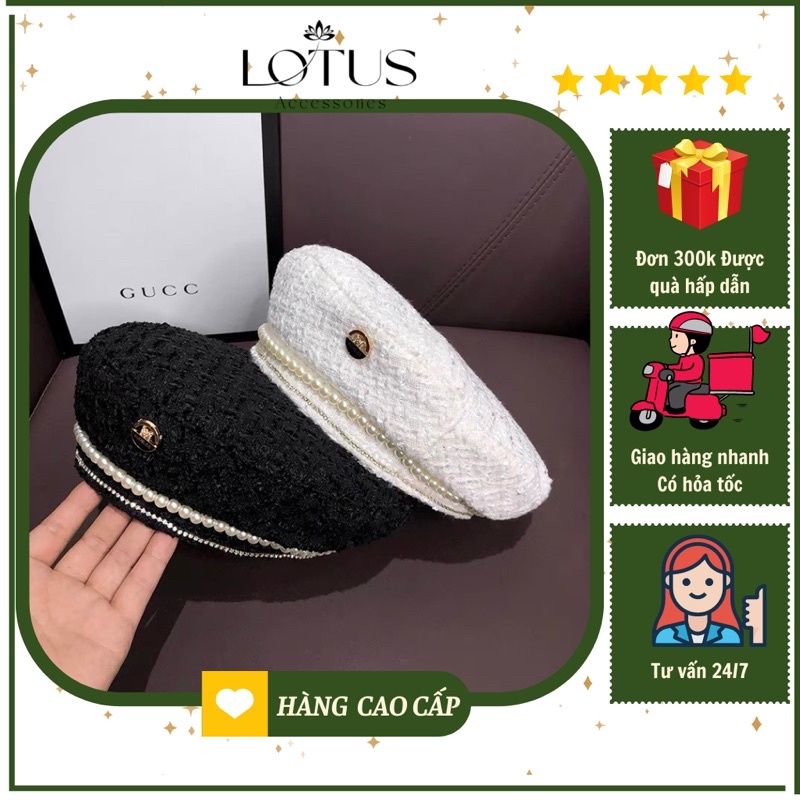 Mũ nồi-Mũ beret dạ đính ngọc cao cấp phong cách Hàn Quốc- có dây rút điều chỉnh [HÀNG CÓ SẴN]