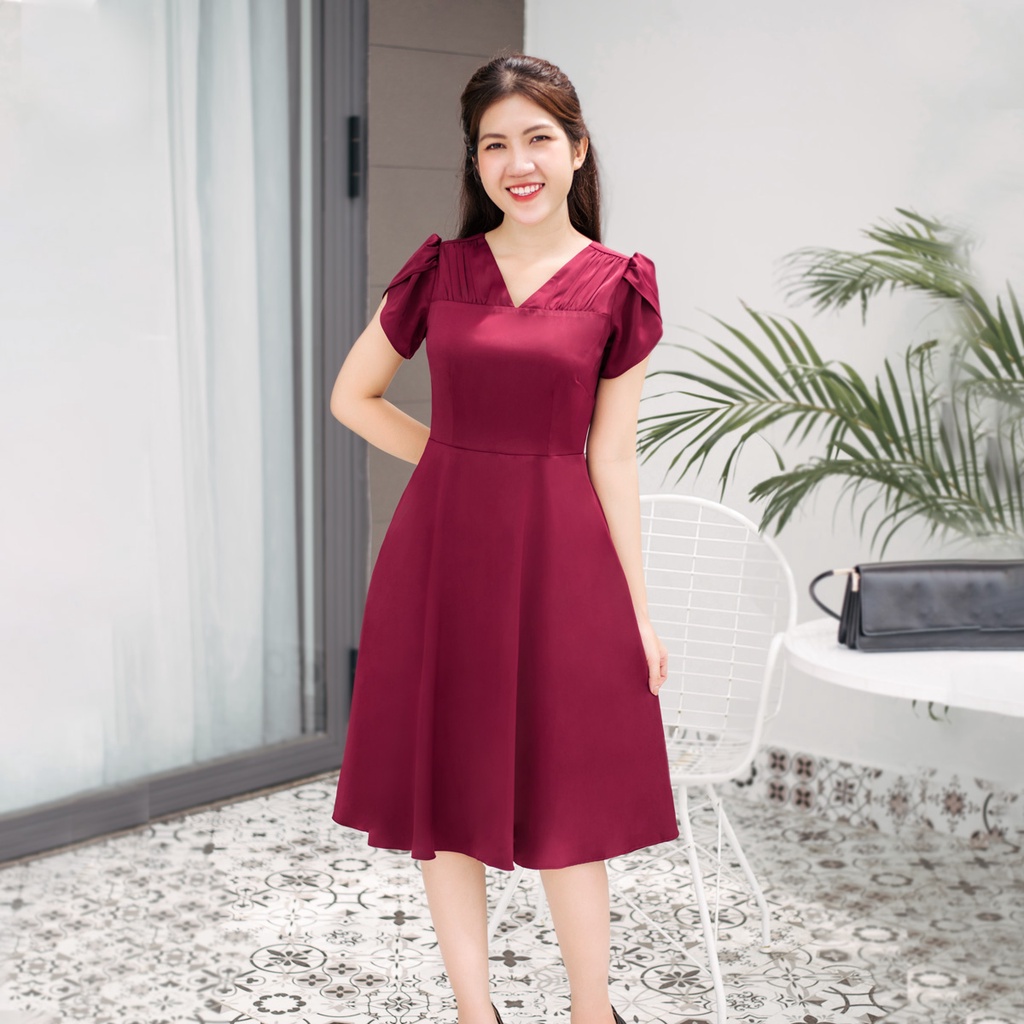 Đầm trung niên dự tiệc, công sở - Cổ tim nhúng tay đắp chéo - Đỏ mận - TTV708 TTV Store