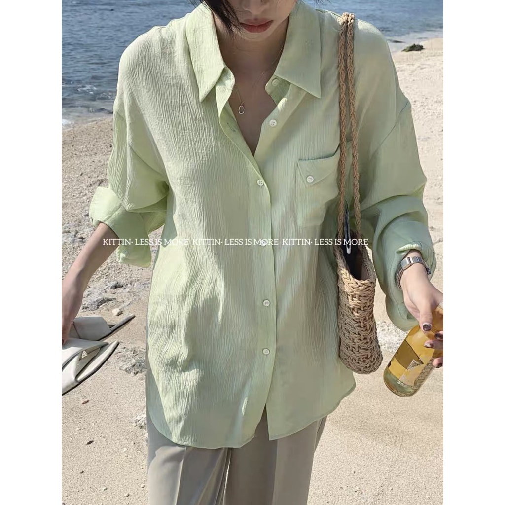 [Ảnh thật/Sẵn] Áo sơ mi trơn túi ngực nắp gập dài tay đũi nhăn siêu mát