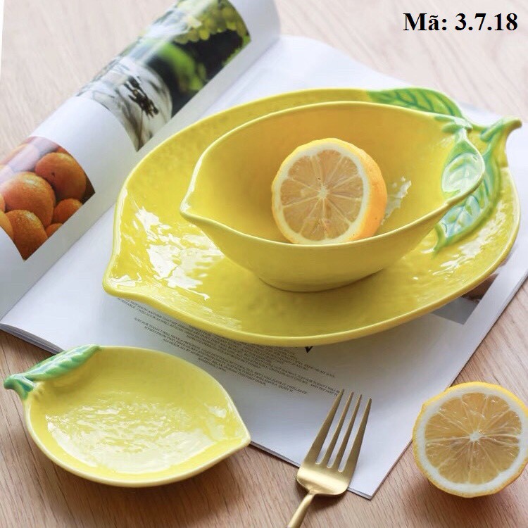Set đĩa/dĩa hình quả chanh tây vàng lá xanh kèm bát nhỏ xinh xắn, đĩa đựng thức ăn cute 3.7.18