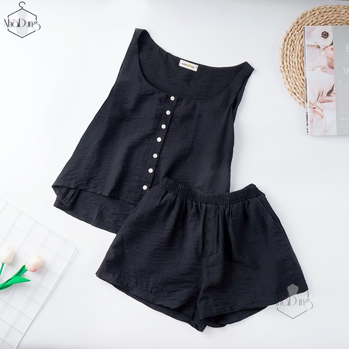 Đồ mặc nhà đồ ngủ nữ vải đũi nhăn mềm có túi cách điệu nút áo xinh xắn size từ 40-70kg | BigBuy360 - bigbuy360.vn