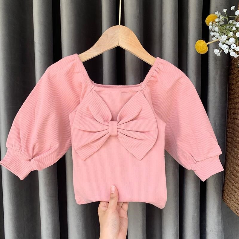 Áo thun cổ vuông thắt nơ thời trang xuân thu cho bé gái 2-6 tuổi