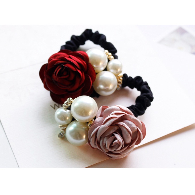 Dây cột tóc thiết kế co giãn đính hoa hồng ngọc trai thời trang