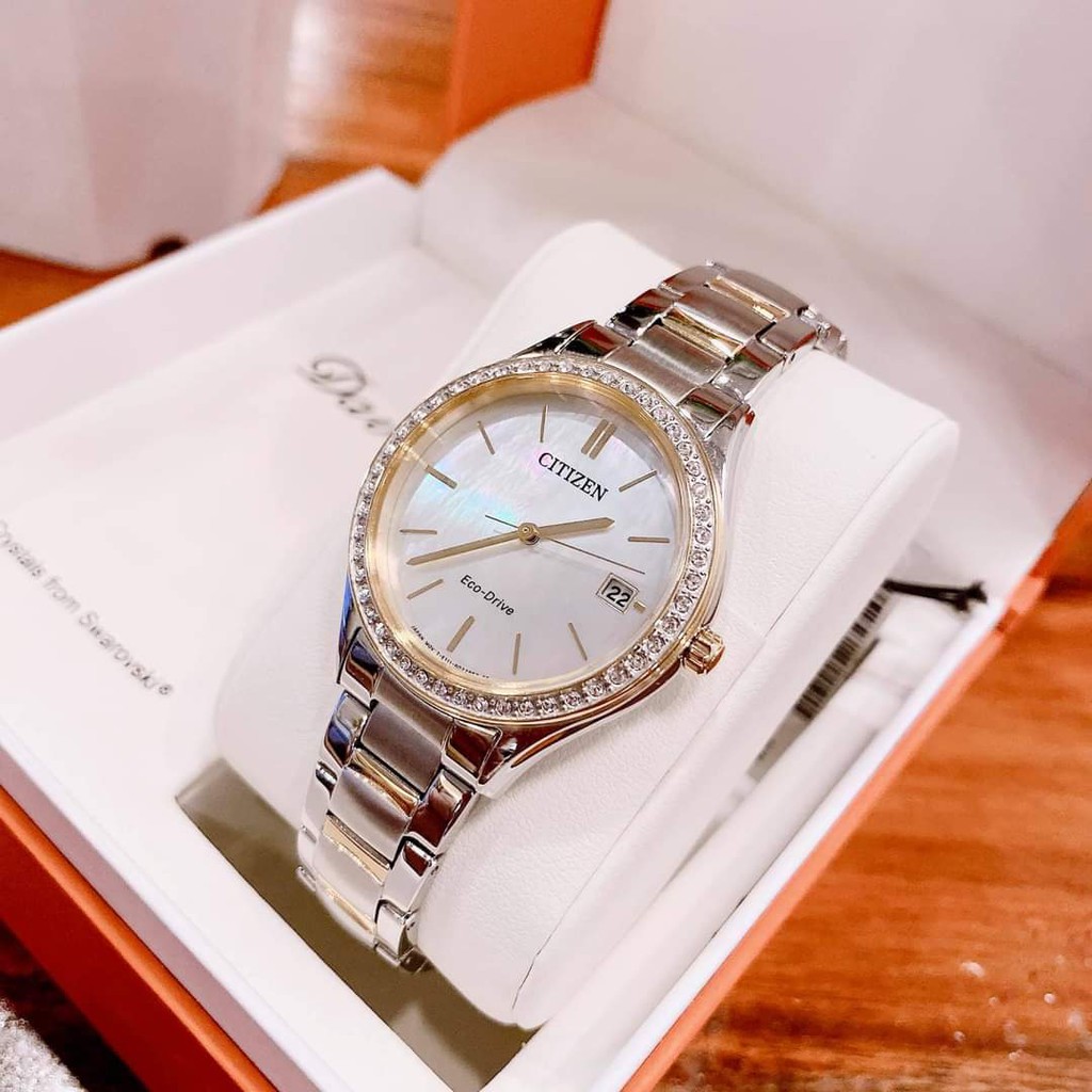 Đồng hồ Nữ Citizen Eco-Drive EO1184-57N Demi Size 34mm,Mặt trắng,Đính kim cương,Lịch ngày-Năng lượng ánh sáng-Dây thép