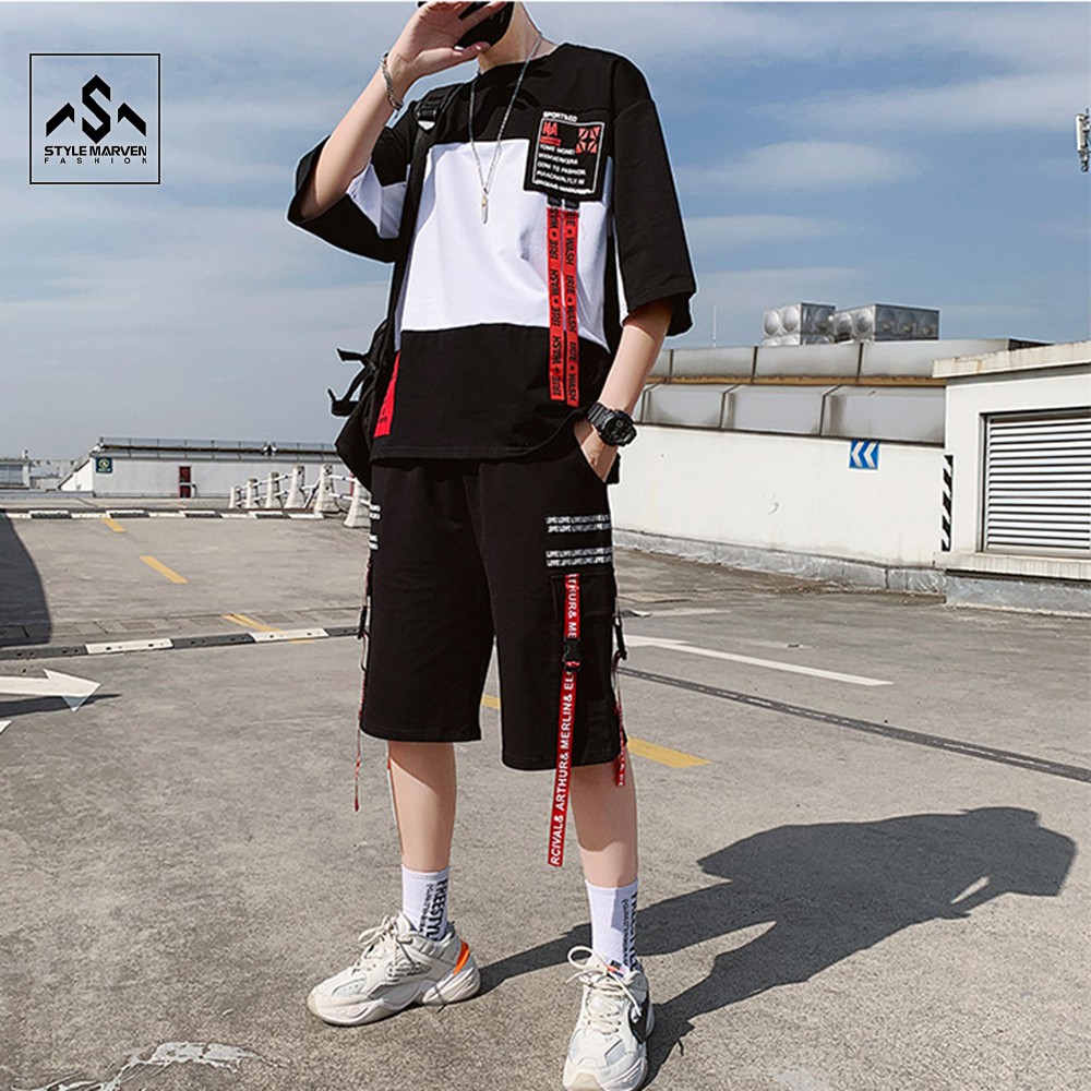Bộ thun nam phối màu cá tính STYLE MARVEN áo phông tay lỡ mix quần short dây hot trend 2021 - SET NAM 9000039