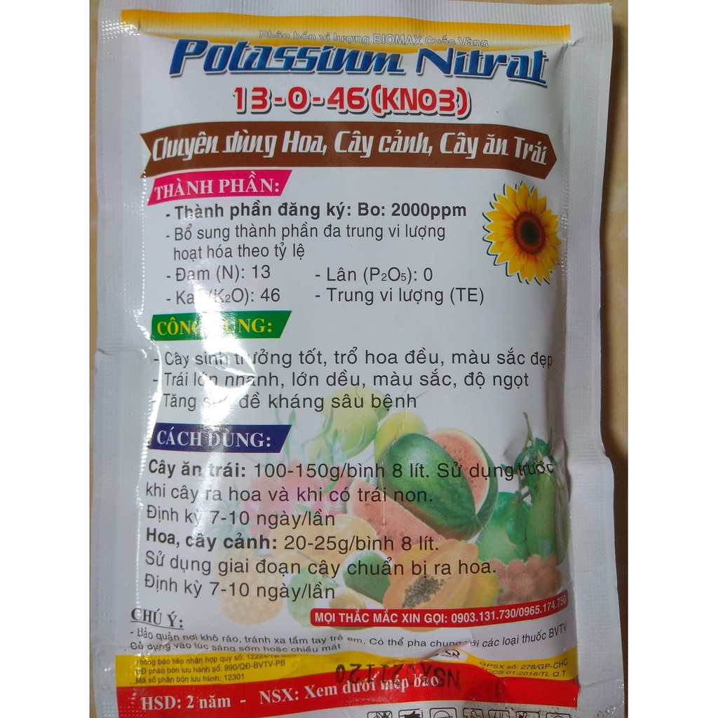 Phân bón NPK 13-0-46 giúp lớn trái, đẹp trái - gói 200 gram BIOMAX