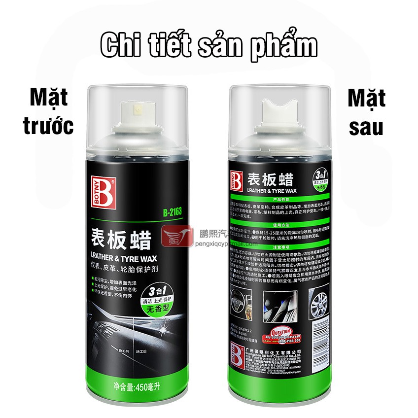 Chai xịt bóng nội thất, phục hồi nhựa Leather Tyre Wax Botny B-2163 dung tích 450ml