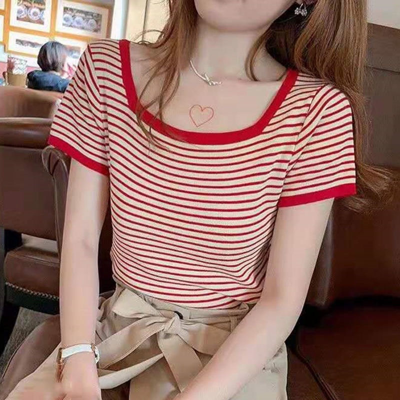 Áo Thun cotton Ngắn Tay Họa Tiết Kẻ Sọc Hàn Quốc Áo phông Nữ NZ-TX-386