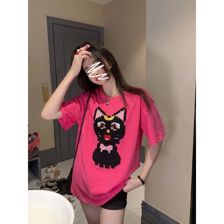 Áo thun Pure Cube tay ngắn cổ tròn thêu họa tiết hoạt hình mèo hồng phong cách Hàn Quốc thời trang cho nữ