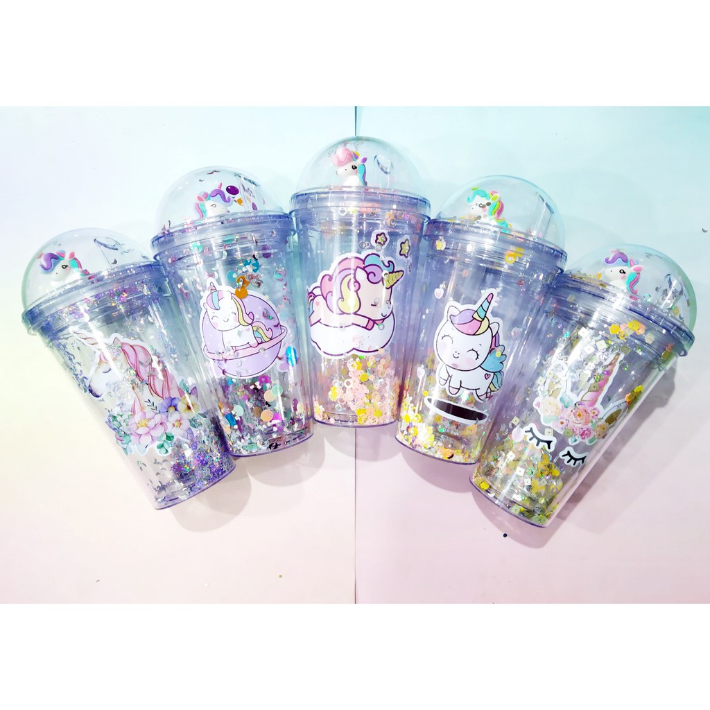 Cốc 2 lớp kim tuyến ngựa thần khủng long nắp cầu CNCKI11 cốc giữ nhiệt ly 2 lớp nắp cầu cốc làm lạnh dễ thương 500ml