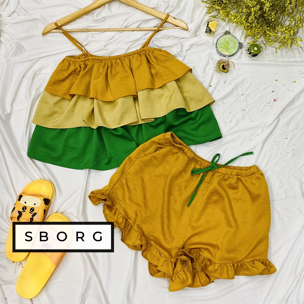 Đồ bộ mặc nhà SBORG đồ ngủ 2 dây áo 3 tầng tuyết nhung sexy quần đùi viền bèo cute free size dưới 60kg quà tặng vợ | BigBuy360 - bigbuy360.vn