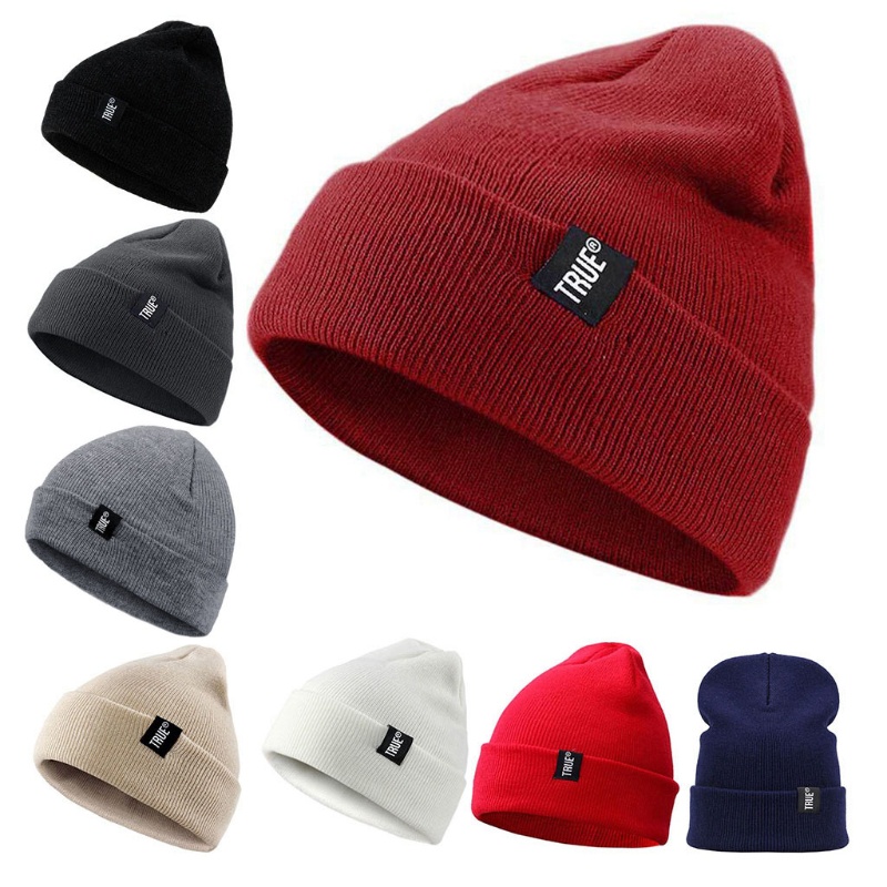 Mũ beanie dệt kim cotton co giãn màu trơn in chữ giữ ấm tai mùa đông có thẻ tên cho nam và nữ
