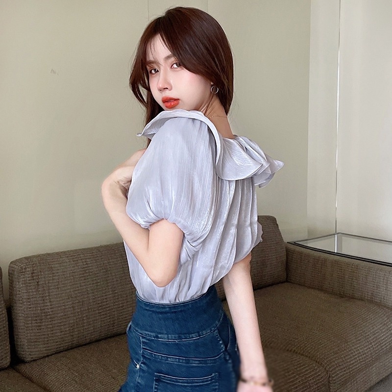 Áo Chiffon Tay Ngắn Phồng Màu Trơn Thời Trang Dành Cho Nữ