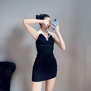 Đ2049 - Đầm body đen cổ yếm trắng