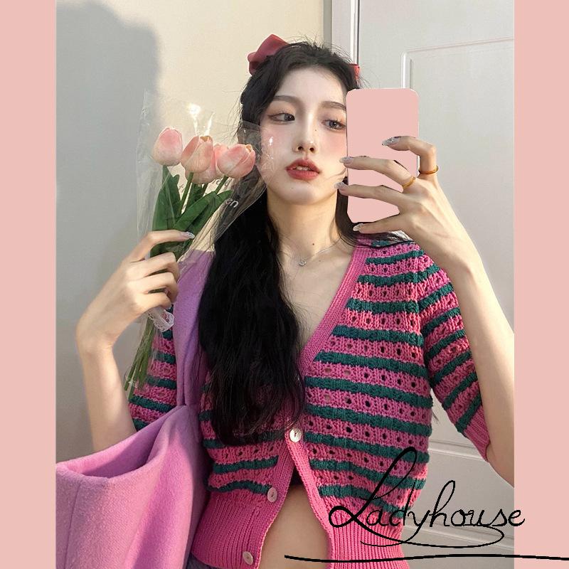 Áo cardigan dệt kim tay ngắn cổ chữ V cài nút họa tiết kẻ sọc thanh lịch cho nữ