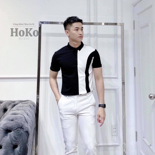 Áo Có Cổ Nam PHối Đen Trắng Cá Tính, Chất Liệu Thun co giãn 4 chiều