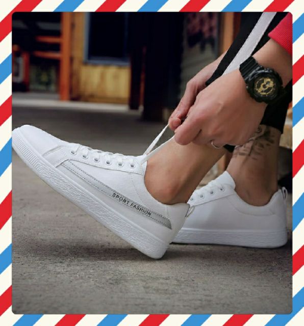 🎯FLASH SALE🃏Giày Da Nam Sneaker Thể Thao SHOES HOUSE 🧩mã G4- Trắng kẻ Xám Sport Fashion