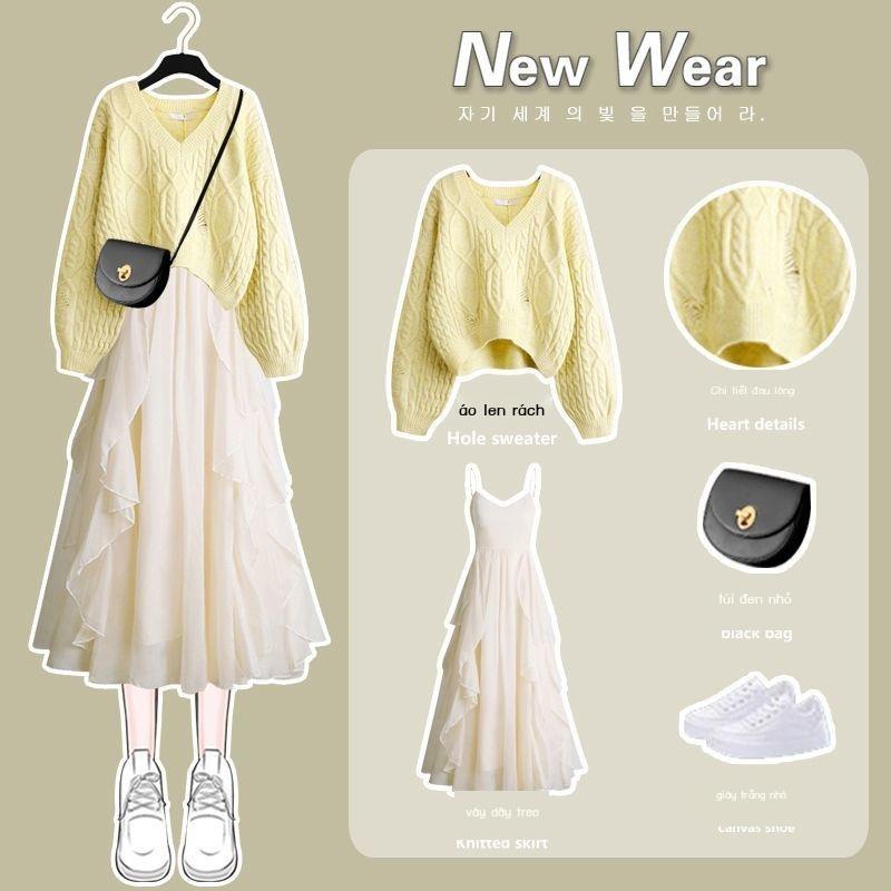 Set Đầm Len Hai Dây Dáng Ôm Phong Cách Phương Tây Thời Trang Thu Đông Hàng Mới 2022 Dành Cho Bạn Nữ
