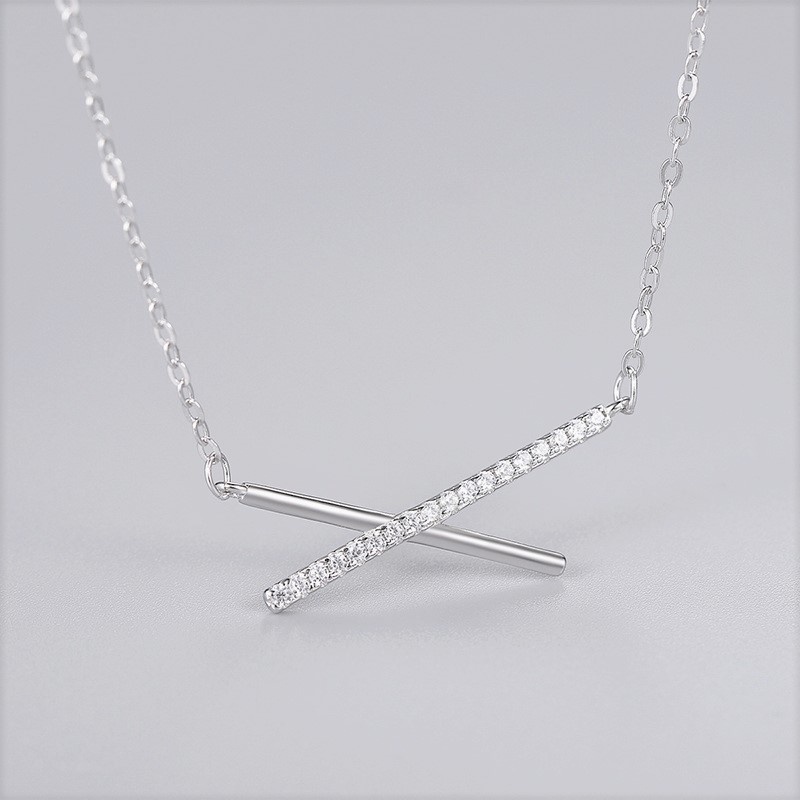 Dây chuyền bạc nữ cao cấp 2 thanh chéo Evasilver, Vòng cổ chất liệu bạc ta đính đá sang trọng nữ tính