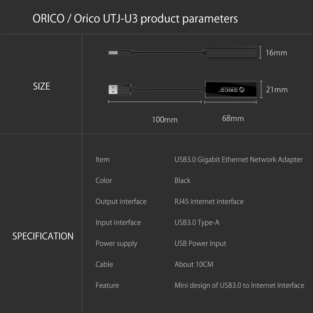 Bộ chuyển đổi ORICO 2.0 gigabit USB 3.0 sang RJ45 thẻ mạng Lan 10M /100/1000M cho laptop Windows 10 8 8.1 7 XP Mac OS