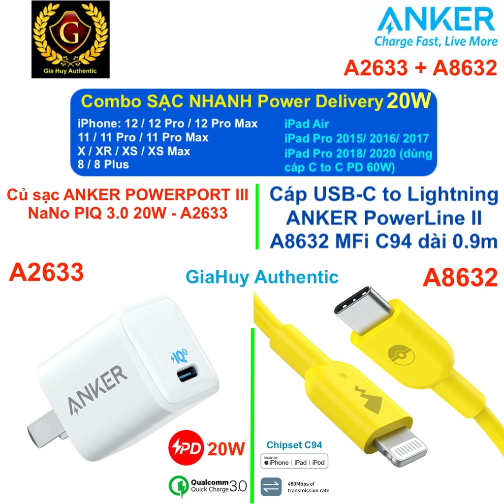 Combo bộ sạc iPhone 12, iPad ANKER PowerPort III Nano PIQ 3.0 20W A2633 + Cáp C to Lightning  ANKER PowerLine II A8632